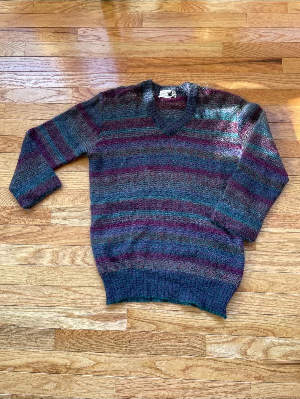 Vintage Missoni Uomo V-Neck Mohair Sweater in Green, Blue, and Burgundy